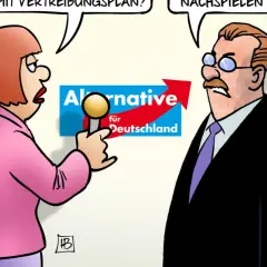 Eine Frau hält ein Mikrofon vor das Logo der AfD. Sie fragt: "Neonazis mit Vertreibungsplan?". Das ist eine Karikatur.