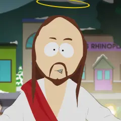 Jesus mit Heiligenschein und rotem Schal, umgeben von einer Menge. Ein Hinweis auf South Park Staffel 27.