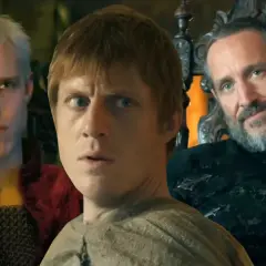 Besetzung von A Knight of the Seven Kingdoms: Drei Männer mit ernsten Mienen, einer in rotem Gewand, einer in Leinen, und ein bärtiger Mann auf einem Thron.