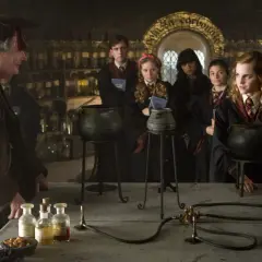 Die Besetzung von Harry Potter und der Halbblutprinz in einer Zaubertrankstunde. Professor Slughorn und Schüler wie Hermine Granger sind zu sehen.