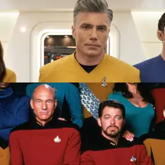Enterprise-Besatzungen aus verschiedenen Epochen, die sich auf ein **enterprise strange new world** vorbereiten.