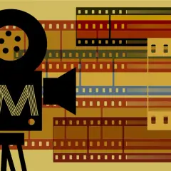 Vintage Filmkamera mit dem Wort "FILM" und Filmstreifen, die eine Liste von Filmgenres andeuten.