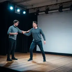 Zwei Männer auf einer Bühne, einer hält einen Becher. Der andere Mann legt ihm die Hand auf die Schulter. Dies illustriert die **innerer monolog definition** in einem dramatischen Moment.