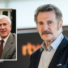 Links: Leslie Nielsen, Star der besetzung von die nackte kanone. Rechts: Liam Neeson.