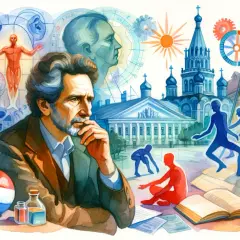 Porträt eines nachdenklichen Mannes vor einer Collage aus wissenschaftlichen Symbolen, russischer Architektur und tanzenden Figuren, die an das Stanislawski Theater erinnern.