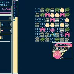 Pixel-Art-Spiel mit einer Spielfeldübersicht, die Burgen, Bäume und Wolken zeigt. Links sind die Spielstatistiken und eine Inventarleiste, die an Bühnenanweisungen erinnert.