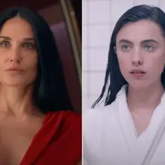 Zwei Frauen, eine in Rot, die andere in einem weißen Bademantel. Die eine strahlt eine geheimnisvolle Aura aus, die andere wirkt rein und unschuldig. Ein faszinierender Kontrast, der die Vielfalt des Lebens und der menschlichen Substanz zeigt.