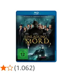 Blu-ray-Cover für den Film "Einladung zum Mord". Eine Gruppe von Personen steht vor einem Herrenhaus, eine Dampflokomotive fährt im Vordergrund.