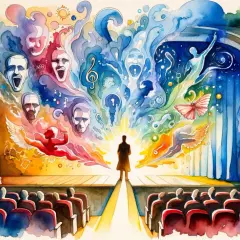 Ein Schauspieler auf der Bühne, umgeben von den Emotionen und Masken des Theaters, verkörpert die Essenz von "was ist Method Acting".