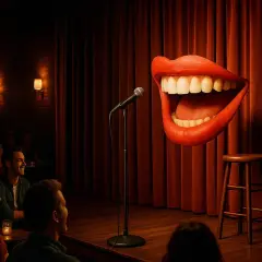 Ein riesiger Mund lacht auf der Bühne einer **Stand-up-Komödie**. Das Publikum amüsiert sich.