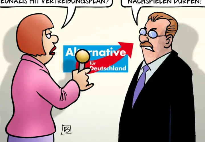 Eine Frau hält ein Mikrofon vor das Logo der AfD. Sie fragt: "Neonazis mit Vertreibungsplan?". Das ist eine Karikatur.