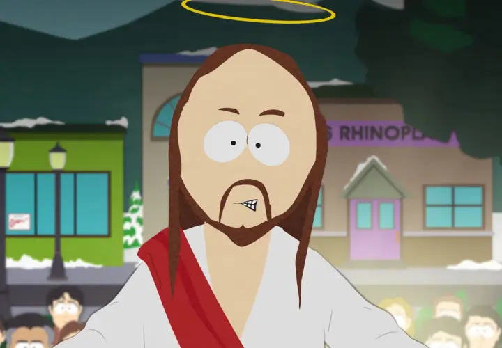 Jesus mit Heiligenschein und rotem Schal, umgeben von einer Menge. Ein Hinweis auf South Park Staffel 27.