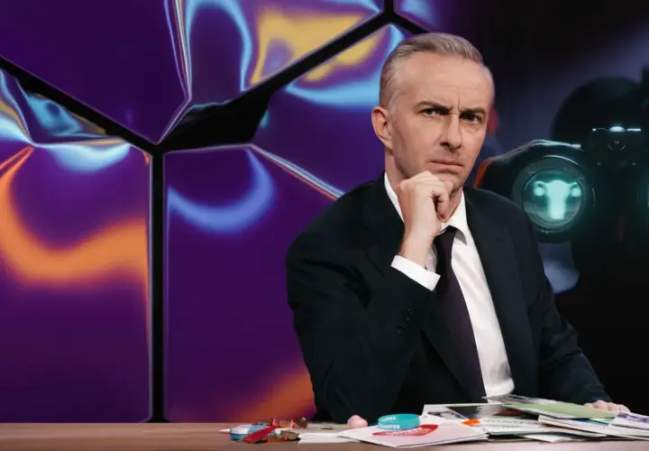 Mann mit nachdenklichem Blick hinter einem Schreibtisch, im Hintergrund eine abstrakte, bunte Wand und ein Fernglas mit seltsamen Symbolen, die wie gibberish language wirken.