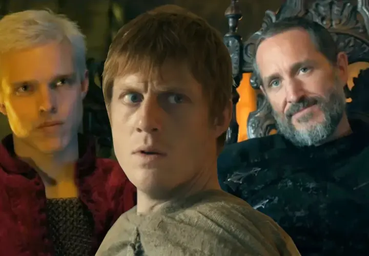 Besetzung von A Knight of the Seven Kingdoms: Drei Männer mit ernsten Mienen, einer in rotem Gewand, einer in Leinen, und ein bärtiger Mann auf einem Thron.
