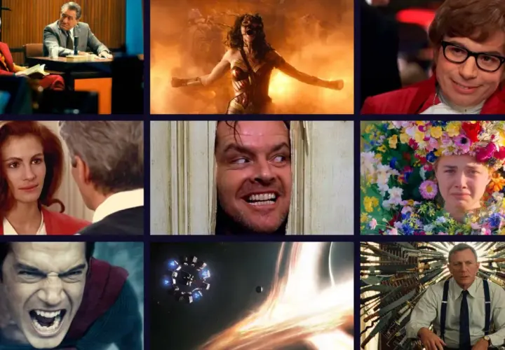 Collage mit Szenen aus verschiedenen Filmen: Joker, Wonder Woman, Austin Powers, Pretty Woman, Shining, Midsommar, Superman, Interstellar, Knives Out. Eine film genre liste.