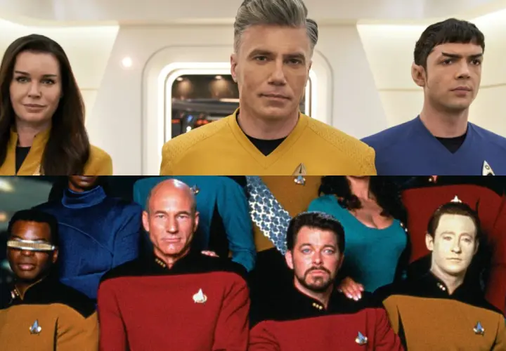 Enterprise-Besatzungen aus verschiedenen Epochen, die sich auf ein **enterprise strange new world** vorbereiten.