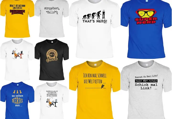 Viele T-Shirts mit nerdigen Sprüchen. Kennste kennste? Eines sagt "Super Nerd", ein anderes "So sehen Nerds aus".