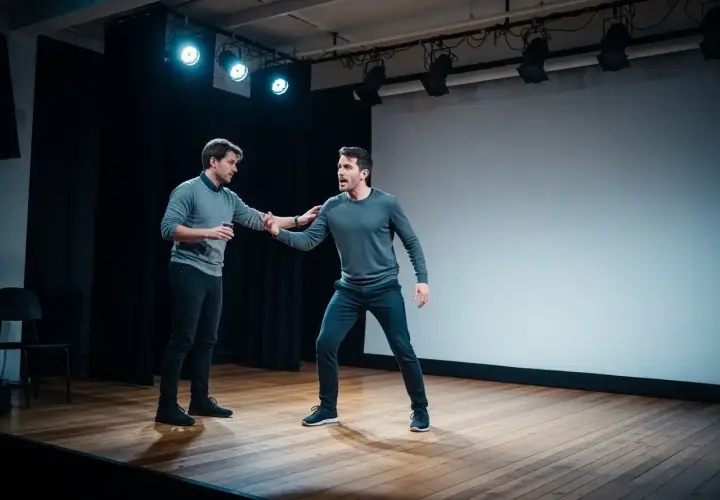 Zwei Männer auf einer Bühne, einer hält einen Becher. Der andere Mann legt ihm die Hand auf die Schulter. Dies illustriert die **innerer monolog definition** in einem dramatischen Moment.
