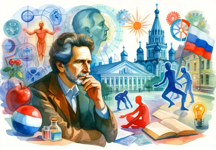 Porträt eines nachdenklichen Mannes vor einer Collage aus wissenschaftlichen Symbolen, russischer Architektur und tanzenden Figuren, die an das Stanislawski Theater erinnern.