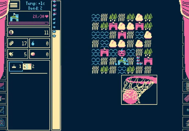 Pixel-Art-Spiel mit einer Spielfeldübersicht, die Burgen, Bäume und Wolken zeigt. Links sind die Spielstatistiken und eine Inventarleiste, die an Bühnenanweisungen erinnert.