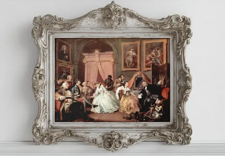 Ein sardonisch bedeutungsvolles Gemälde zeigt eine Gesellschaft im Rokoko-Stil, die sich in einem opulenten Raum versammelt. Die Szene wirkt leicht übertrieben, fast wie eine Karikatur des Adels.