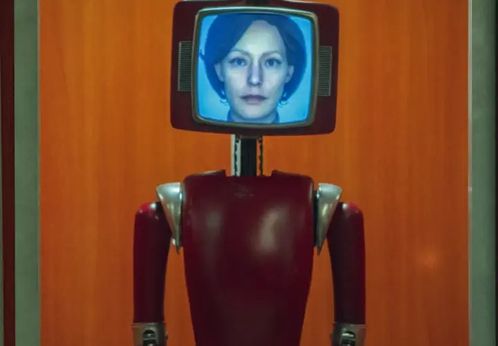 Ein roter Roboter mit einem Bildschirm, auf dem das Gesicht einer Frau zu sehen ist. Dies ist die Besetzung von Cassandra.