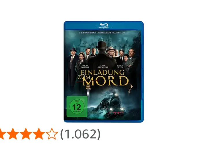 Blu-ray-Cover für den Film "Einladung zum Mord". Eine Gruppe von Personen steht vor einem Herrenhaus, eine Dampflokomotive fährt im Vordergrund.