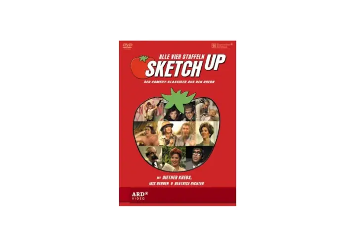 DVD-Cover für "Sketch Up", eine Comedy-Serie. Zeigt ein Mosaik aus Szenen und Darstellern, umgeben von einer roten Tomate.