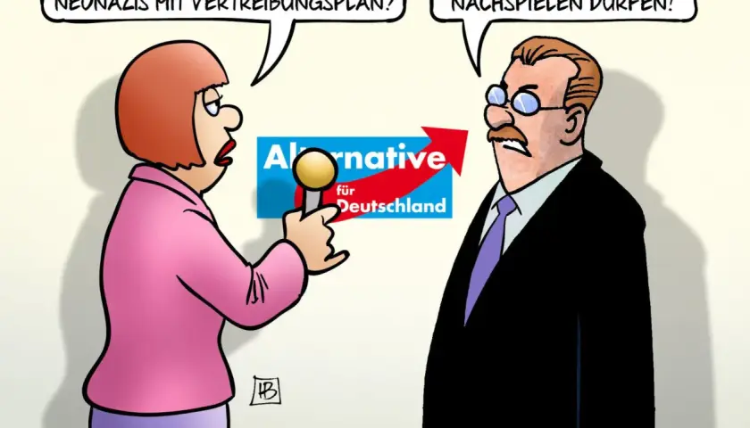 Eine Frau hält ein Mikrofon vor das Logo der AfD. Sie fragt: "Neonazis mit Vertreibungsplan?". Das ist eine Karikatur.