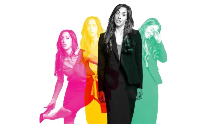 Die Besetzung von Workin' Moms in verschiedenen bunten Darstellungen, die verschiedene Emotionen und Situationen zeigen.
