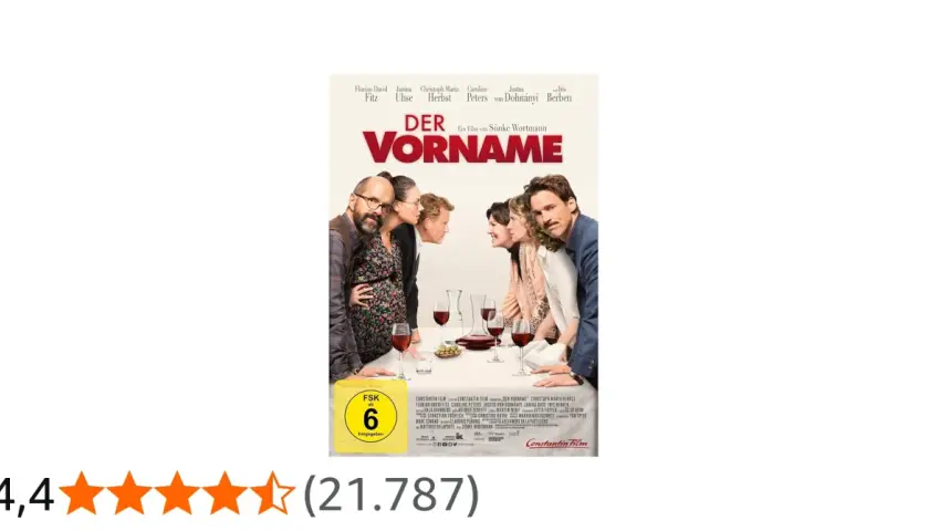 Das Filmplakat "Der Vorname" zeigt eine Gruppe von Freunden, die sich an einem Tisch gegenüberstehen. Ein Streit über einen Vornamen scheint die Stimmung anzuheizen.
