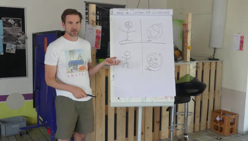 Mann erklärt eine Zeichnung auf Flipchart, die einen lustigen gag witz darstellt.