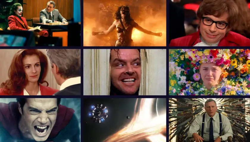 Collage mit Szenen aus verschiedenen Filmen: Joker, Wonder Woman, Austin Powers, Pretty Woman, Shining, Midsommar, Superman, Interstellar, Knives Out. Eine film genre liste.