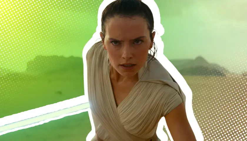 Rey mit Lichtschwert, eine Szene aus dem Star Wars Sequel, die an die Prequel-Ära erinnert.