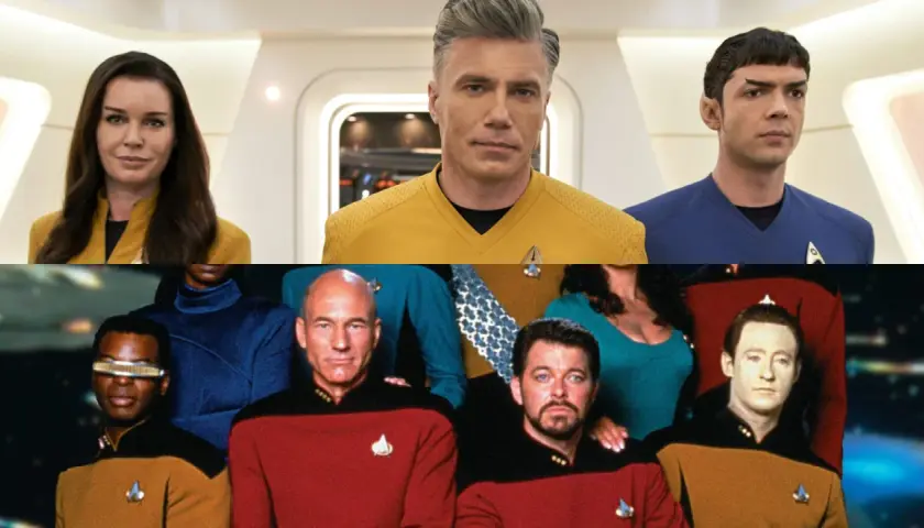 Enterprise-Besatzungen aus verschiedenen Epochen, die sich auf ein **enterprise strange new world** vorbereiten.