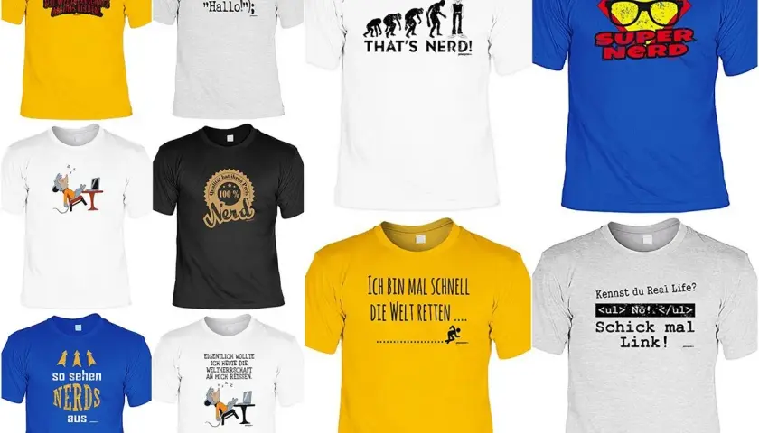 Viele T-Shirts mit nerdigen Sprüchen. Kennste kennste? Eines sagt "Super Nerd", ein anderes "So sehen Nerds aus".