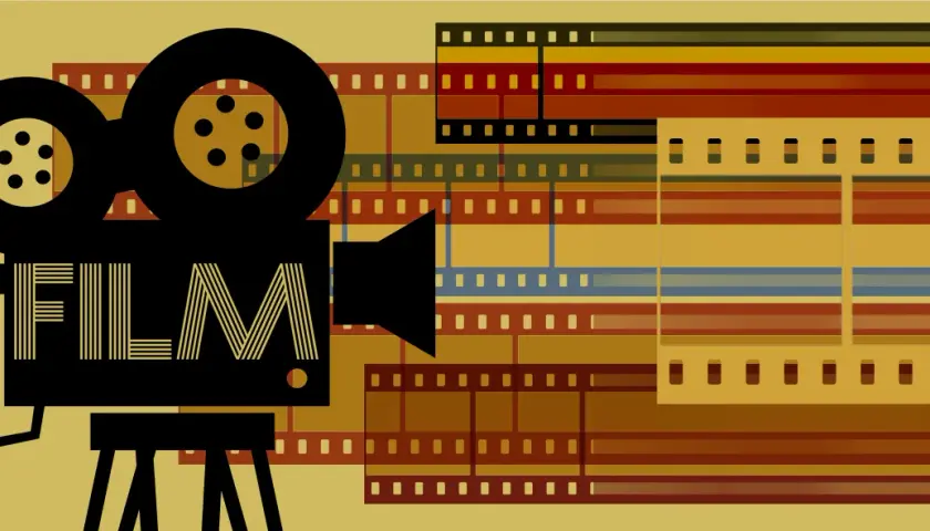 Vintage Filmkamera mit dem Wort "FILM" und Filmstreifen, die eine Liste von Filmgenres andeuten.