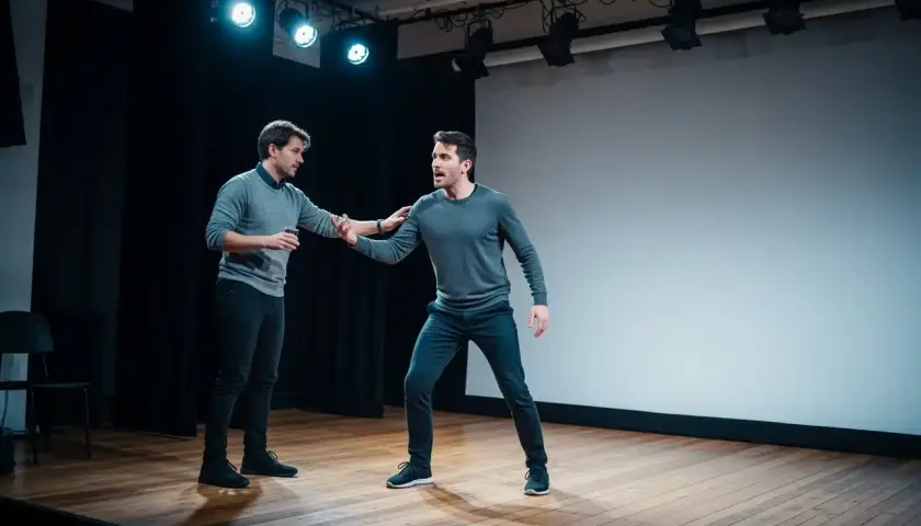 Zwei Männer auf einer Bühne, einer hält einen Becher. Der andere Mann legt ihm die Hand auf die Schulter. Dies illustriert die **innerer monolog definition** in einem dramatischen Moment.
