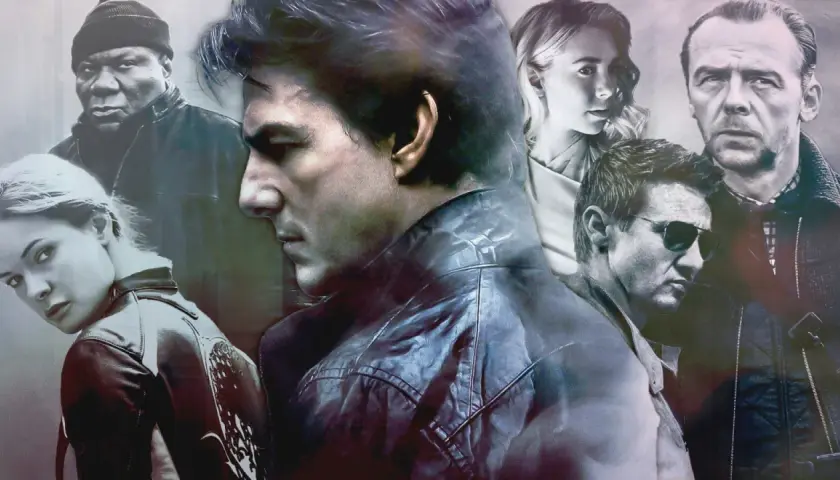 Ethan Hunt und sein Team in einer Collage, die die Mission Impossible reihenfolge andeutet.