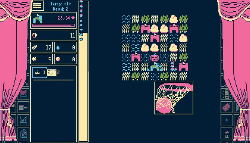 Pixel-Art-Spiel mit einer Spielfeldübersicht, die Burgen, Bäume und Wolken zeigt. Links sind die Spielstatistiken und eine Inventarleiste, die an Bühnenanweisungen erinnert.