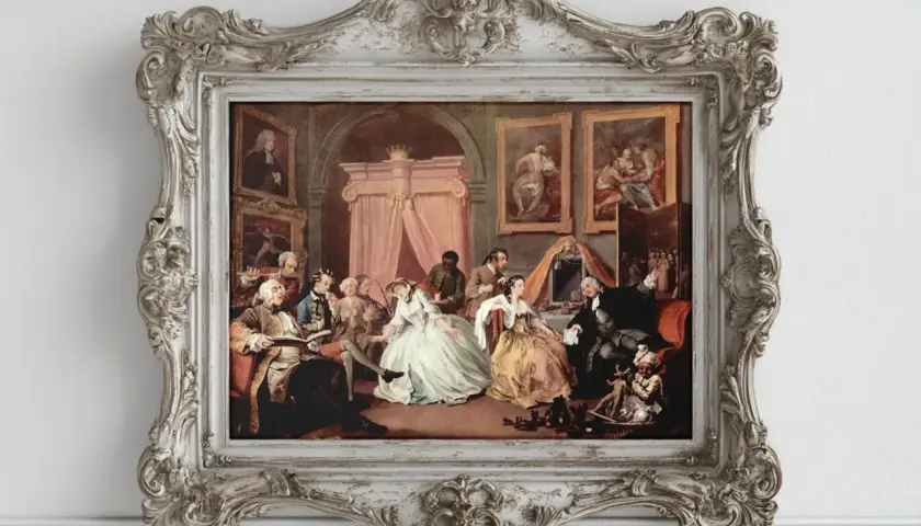 Ein sardonisch bedeutungsvolles Gemälde zeigt eine Gesellschaft im Rokoko-Stil, die sich in einem opulenten Raum versammelt. Die Szene wirkt leicht übertrieben, fast wie eine Karikatur des Adels.