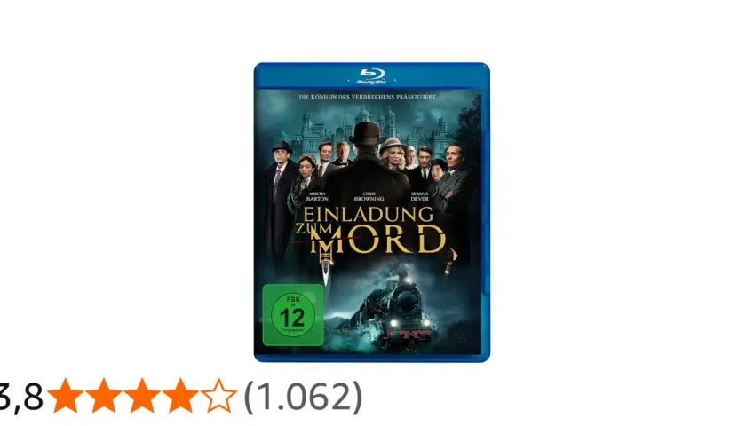 Blu-ray-Cover für den Film "Einladung zum Mord". Eine Gruppe von Personen steht vor einem Herrenhaus, eine Dampflokomotive fährt im Vordergrund.