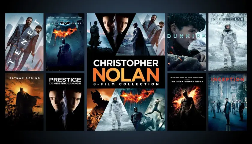 Christopher Nolan: 8-Film Collection mit Tenet, Batman Begins, The Dark Knight, Prestige, Dunkirk, Interstellar, The Dark Knight Rises und Inception.