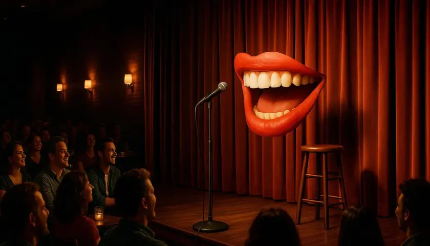 Ein riesiger Mund lacht auf der Bühne einer **Stand-up-Komödie**. Das Publikum amüsiert sich.