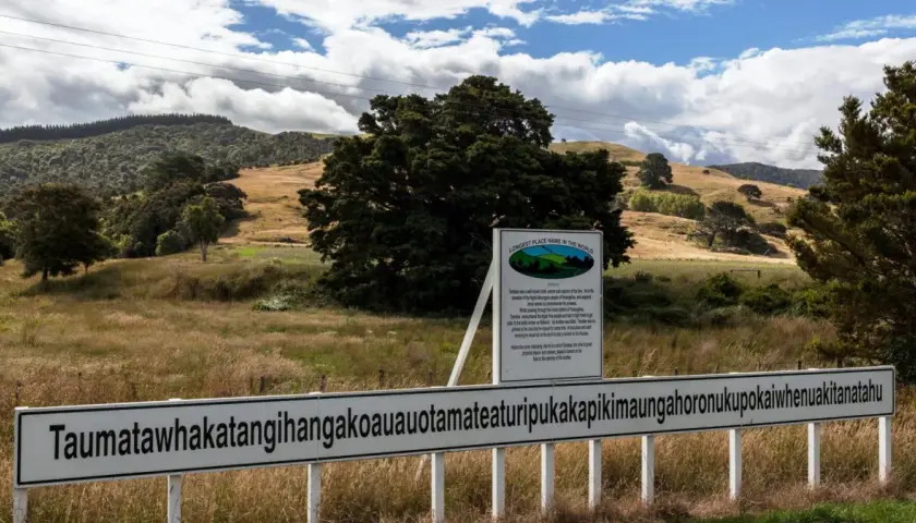 Schild mit dem längsten Ortsnamen der Welt, Taumatawhakatangihangakoauauotamateaturipukakapikimaungahoronukupokaiwhenuakitanatahu, vor einem Fichtendickicht. Ein Zungenbrecher in der Natur.