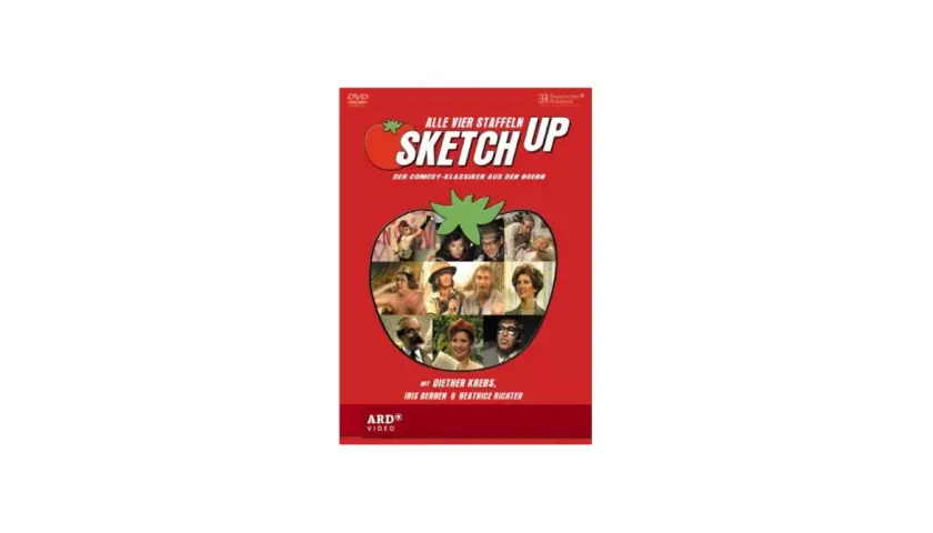 DVD-Cover für "Sketch Up", eine Comedy-Serie. Zeigt ein Mosaik aus Szenen und Darstellern, umgeben von einer roten Tomate.