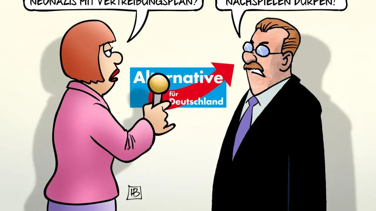 Eine Frau hält ein Mikrofon vor das Logo der AfD. Sie fragt: "Neonazis mit Vertreibungsplan?". Das ist eine Karikatur.