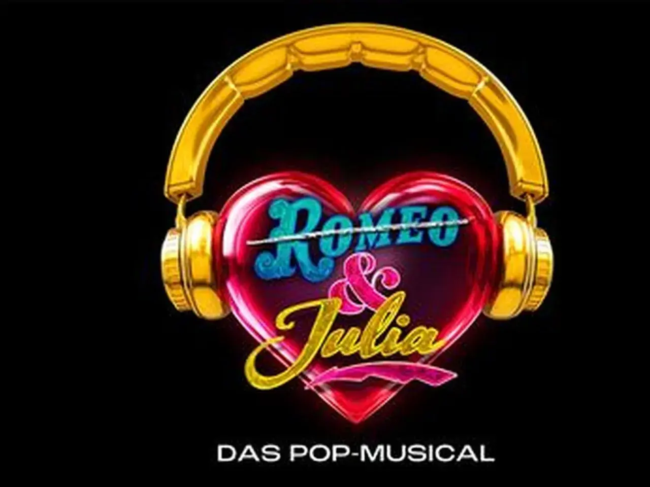 Goldene Kopfhörer über einem roten Herz mit dem Titel "Romeo & Julia - Das Pop-Musical".
