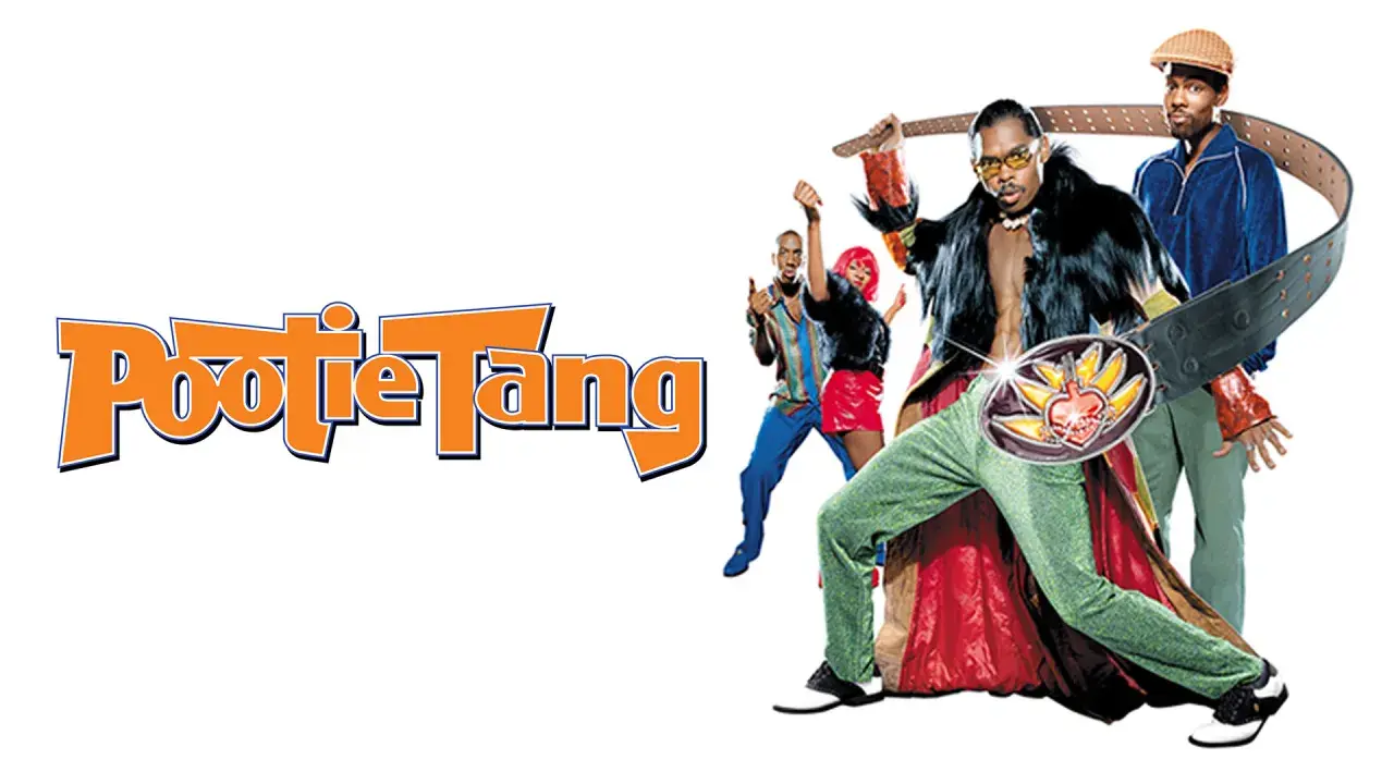 Pootie Tang: Ein Mann mit auffälligem Gürtel und pelziger Weste, umgeben von tanzenden Freunden.