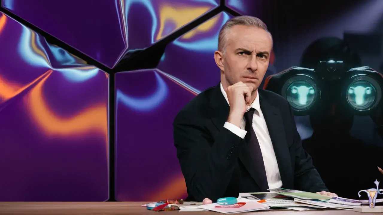 Mann mit nachdenklichem Blick hinter einem Schreibtisch, im Hintergrund eine abstrakte, bunte Wand und ein Fernglas mit seltsamen Symbolen, die wie gibberish language wirken.